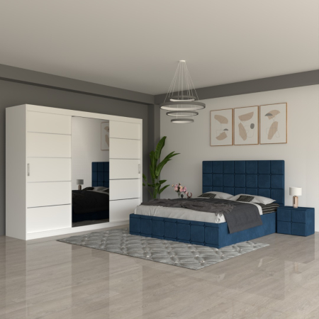 Mobila Dormitor - Set Mobila De Dormitor COD03 Alb/Albastru, pat tapitat 160x200cm, dulap 250cm, 2 noptiere si saltea 160x200cm