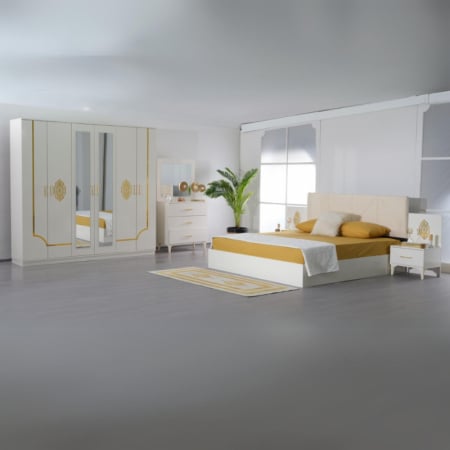 Mobila Dormitor - Set Mobila De Dormitor COD105 Alb pat 180x200cm,  dulap 220x210cm, noptiere, comoda cu oglinda