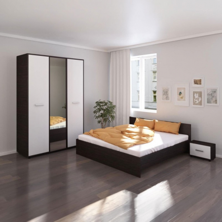 Mobila Dormitor - Set Mobila De Dormitor Hera Wenge/Alb, pat 160x200cm,  dulap cu oglinda 124x187cm, noptiere , saltea inclusa