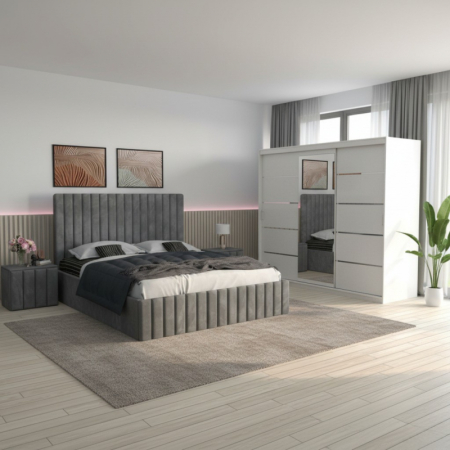 Mobila Dormitor - Set Mobila De Dormitor David Alb/Gri, pat tapitat gri 160x200cm, dulap 250cm, 2 noptiere si saltea 160x200cm