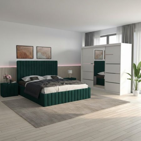 Mobila Dormitor - Set Mobila De Dormitor David Alb/Verde, pat tapitat verde 160x200cm, dulap 250cm, 2 noptiere si saltea 160x200cm