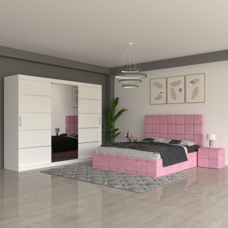 Mobila Dormitor - Set Mobila De Dormitor COD03 Alb/Roz, pat tapitat 160x200cm, dulap 250cm, 2 noptiere si saltea 160x200cm