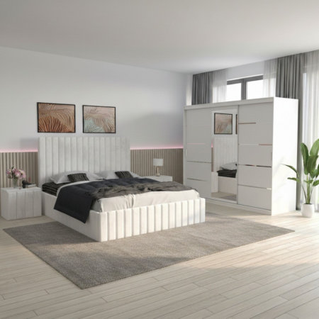 Mobila Dormitor - Set Mobila De Dormitor David Alb, pat tapitat alb 160x200cm, dulap 250cm, 2 noptiere si saltea 160x200cm