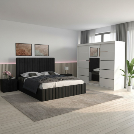 Mobila Dormitor - Set Mobila De Dormitor David Alb/Negru, pat tapitat negru 160x200cm, dulap 250cm, 2 noptiere si saltea 160x200cm