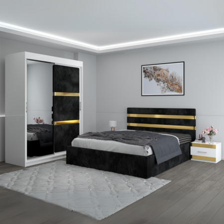 Mobila Dormitor - Set Mobila De Dormitor Clio Negru, pat tapitat Negru 160x200cm, dulap tapitat 150cm, 2 noptiere si saltea 160x200cm