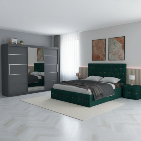 Mobila Dormitor - Set Mobila De Dormitor David Gri/Verde 250cm, pat Eric tapitat Verde 160x200cm, dulap gri 250cm, 2 noptiere tapitate si saltea 160x200cm