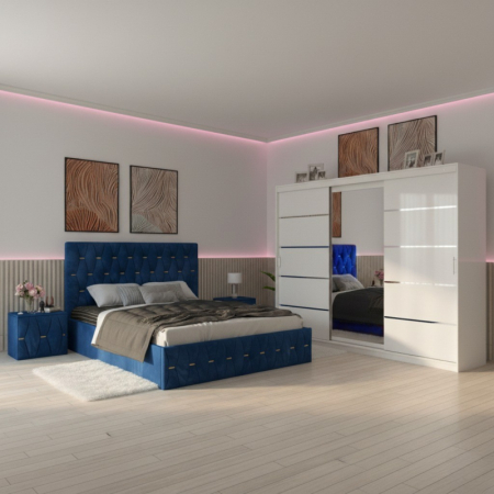 Mobila Dormitor - Set Mobila De Dormitor David Alb/Albastru 250cm, pat Eric tapitat Albastru 160x200cm, dulap gri 250cm, 2 noptiere tapitate si saltea 160x200cm