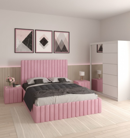 Mobila Dormitor - Set Mobila De Dormitor Luca Roz/Alb 150cm, pat Eric tapitat Verde 160x200cm, dulap alb 150cm, 2 noptiere tapitate si saltea 160x200cm