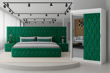 Mobila Dormitor - Set Mobila De Dormitor Eric Verde Cu Extensii, pat Eric cu extensii tapitat Verde 160x200cm, dulap usa tapitata 150cm, 2 noptiere tapitate si saltea 160x200cm