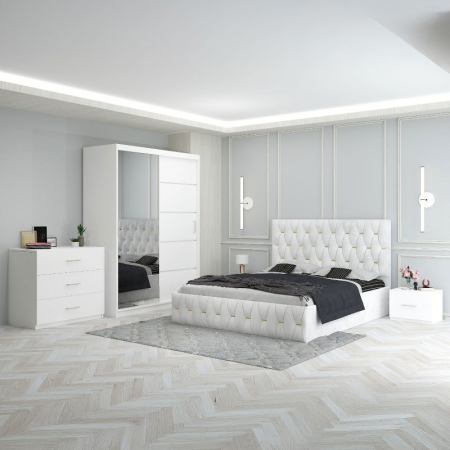 Mobila Dormitor - Set Mobila De Dormitor Eric Alb+Comoda, pat tapitat 160x200cm,  dulap cu oglinda 150x210cm, noptiere