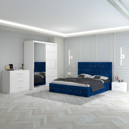 Mobila Dormitor - Set Mobila De Dormitor Eric Albastru+Comoda, pat tapitat 160x200cm,  dulap cu oglinda 150x210cm, noptiere