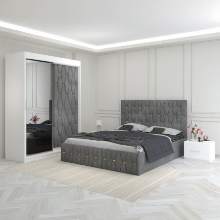 Mobila Dormitor - Set Mobila De Dormitor Eric Gri, Usa Tapitata, pat tapitat 160x200cm,  dulap cu oglinda 150x210cm, noptiere