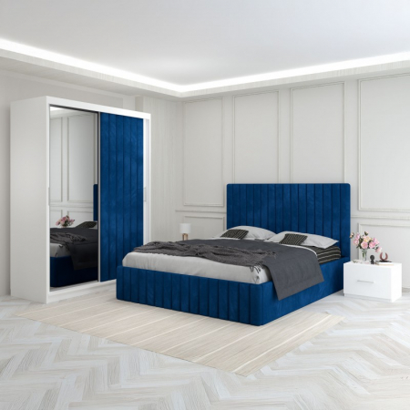 Mobila Dormitor - Set Mobila De Dormitor Luca Albastru, pat tapitat 160x200cm,  dulap cu oglinda 150x210cm, noptiere