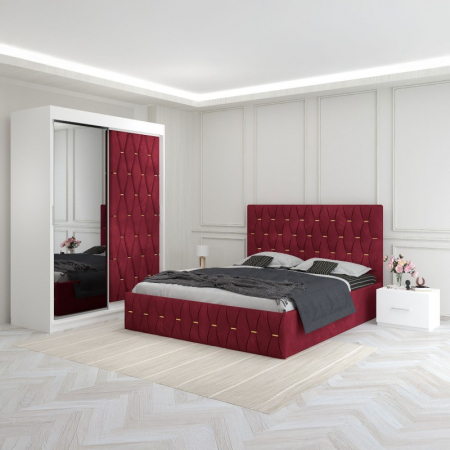 Mobila Dormitor - Set Mobila De Dormitor Eric Rosu, Usa Tapitata, pat tapitat 160x200cm,  dulap cu oglinda 150x210cm, noptiere