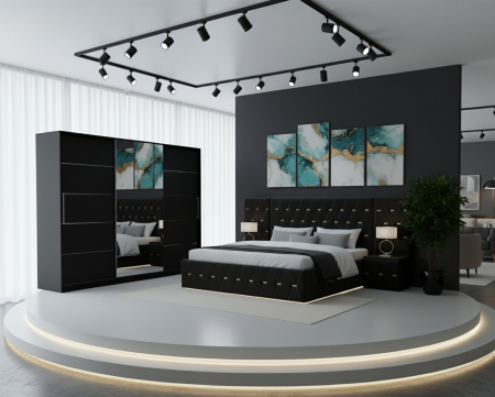 Mobila Dormitor - Set Mobila De Dormitor Eric Negru Cu Extensii, pat Eric cu extensii tapitat Negru 160x200cm, dulap Negru 250cm, 2 noptiere tapitate si saltea 160x200cm