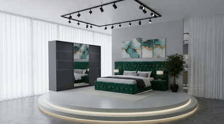 Mobila Dormitor - Set Mobila De Dormitor Eric Cu Extensii, pat Eric cu extensii tapitat Verde 160x200cm, dulap gri 250cm, 2 noptiere tapitate verde si saltea 160x200cm