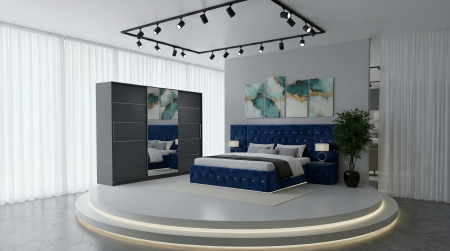 Mobila Dormitor - Set Mobila De Dormitor Eric Cu Extensii, pat Eric cu extensii tapitat Albastru 160x200cm, dulap gri 250cm, 2 noptiere tapitate Albastru si saltea 160x200cm
