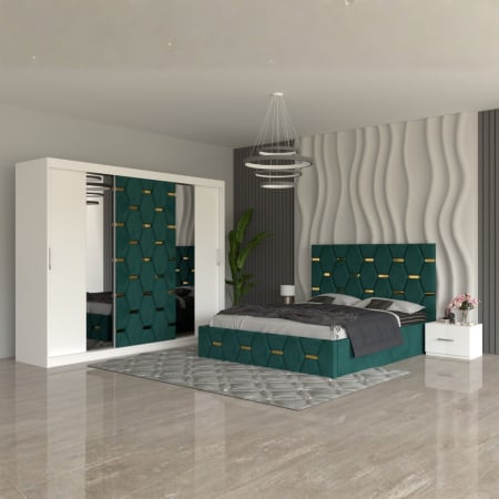 Mobila Dormitor - Set Mobila De Dormitor Sofia, pat tapitat 180x200cm, dulap 250cm, 2 noptiere si saltea 180x200cm