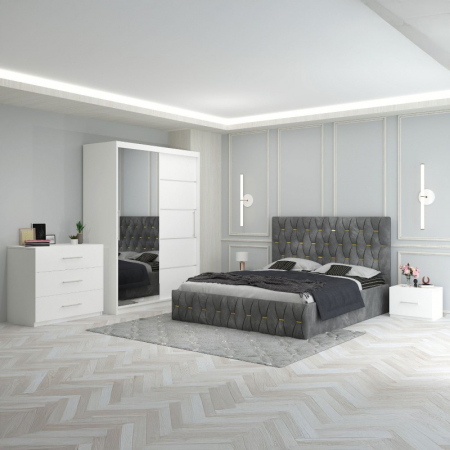 Mobila Dormitor - Set Mobila De Dormitor Eric Gri+Comoda, pat tapitat 160x200cm,  dulap cu oglinda 150x210cm, noptiere