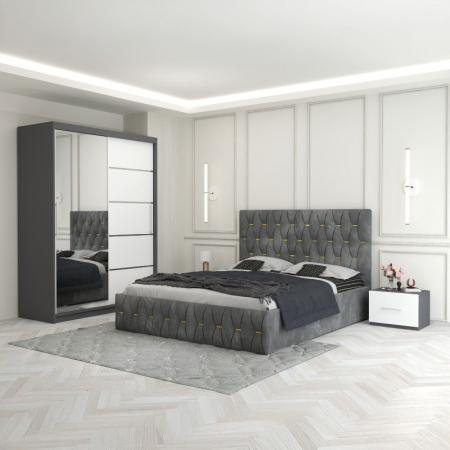 Mobila Dormitor - Set Mobila De Dormitor Eric Gri 2, pat tapitat 160x200cm,  dulap cu oglinda 150x210cm, noptiere
