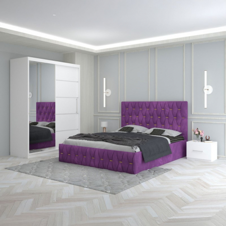 Mobila Dormitor - Set Mobila De Dormitor Eric Mov, pat tapitat 160x200cm,  dulap cu oglinda 150x210cm, noptiere