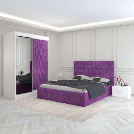 Mobila Dormitor - Set Mobila De Dormitor Eric Mov, Usa Tapitata, pat tapitat 160x200cm,  dulap cu oglinda 150x210cm, noptiere