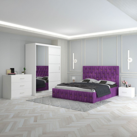 Mobila Dormitor - Set Mobila De Dormitor Eric Mov+Comoda,  pat tapitat 160x200cm,  dulap cu oglinda 150x210cm, noptiere