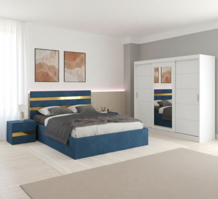 Mobila Dormitor - Set Mobila De Dormitor Clio Albastru 250cm, pat tapitat 160x200cm, dulap alb 250cm, 2 noptiere tapitate si saltea 160x200cm 