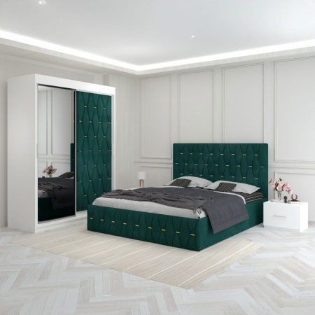 Mobila Dormitor - Set Mobila De Dormitor Eric Verde, Usa Tapitata, pat tapitat 160x200cm,  dulap cu oglinda 150x210cm, noptiere