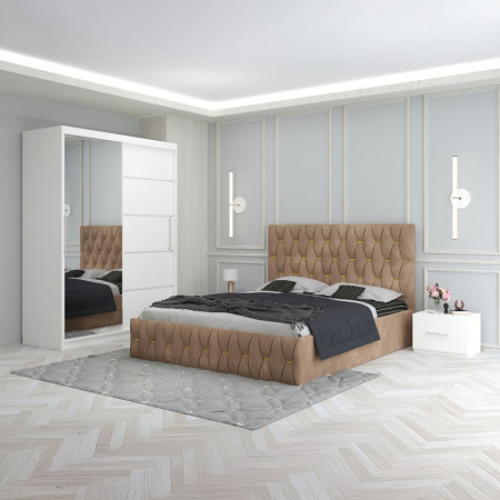 Mobila Dormitor - Set Mobila De Dormitor Eric Crem, pat tapitat 160x200cm,  dulap cu oglinda 150x210cm, noptiere