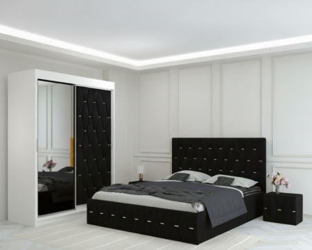 Mobila Dormitor - Set Mobila De Dormitor Eric Negru, pat tapitat 160x200cm, dulap usa tapitata cu oglinda 150x210cm,2 noptiere tapitate si saltea 160x200cm
