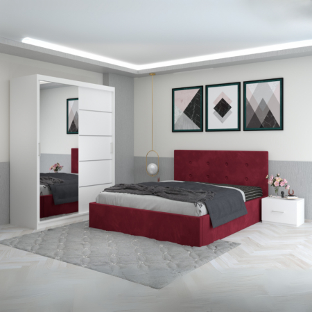 Mobila Dormitor - Set Mobila De Dormitor Filip Rosu, pat tapitat 160x200cm,  dulap cu oglinda 150x210cm, noptiere