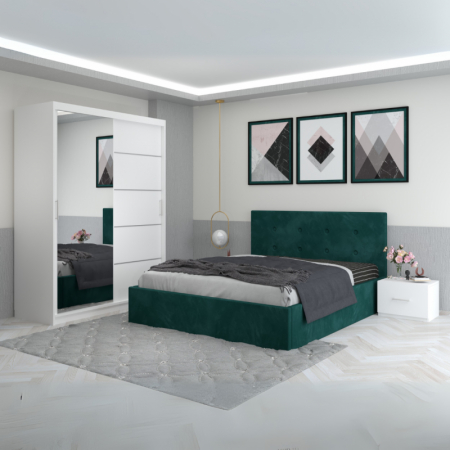 Mobila Dormitor - Set Mobila De Dormitor Filip Verde, pat tapitat 160x200cm,  dulap cu oglinda 150x210cm, noptiere