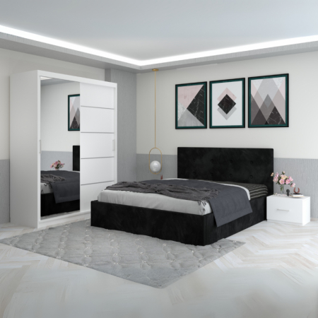 Mobila Dormitor - Set Mobila De Dormitor Filip Negru, pat tapitat 160x200cm,  dulap cu oglinda 150x210cm, noptiere