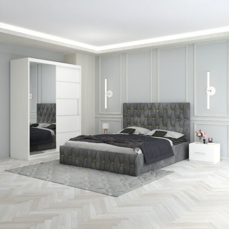 Mobila Dormitor - Set Mobila De Dormitor Eric Gri, pat tapitat 160x200cm,  dulap cu oglinda 150x210cm, noptiere