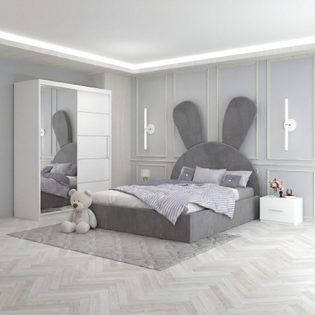 Mobila Dormitor - Set Mobila De Dormitor Rila Gri, pat tapitat 90x200cm, dulap 150cm, 2 noptiere si saltea 90x200cm