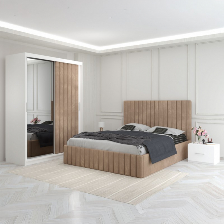 Mobila Dormitor - Set Mobila De Dormitor Luca Crem, pat tapitat 160x200cm,  dulap cu oglinda 150x210cm, noptiere