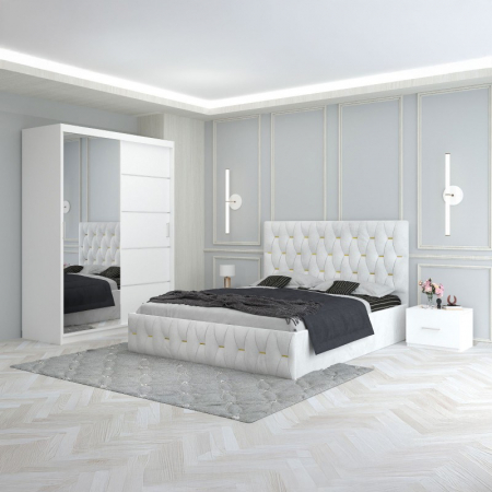 Mobila Dormitor - Set Mobila De Dormitor Eric Alb, pat tapitat 160x200cm,  dulap cu oglinda 150x210cm, noptiere