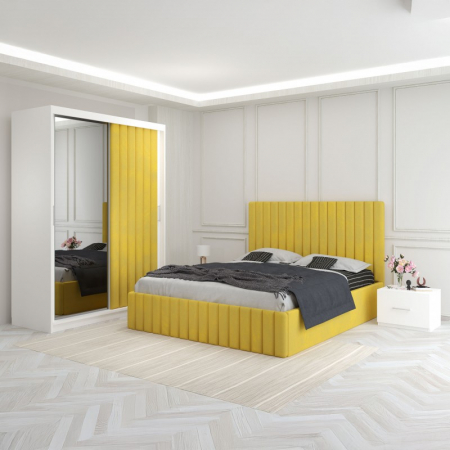 Mobila Dormitor - Set Mobila De Dormitor Luca Galben, pat tapitat 160x200cm,  dulap cu oglinda 150x210cm, noptiere