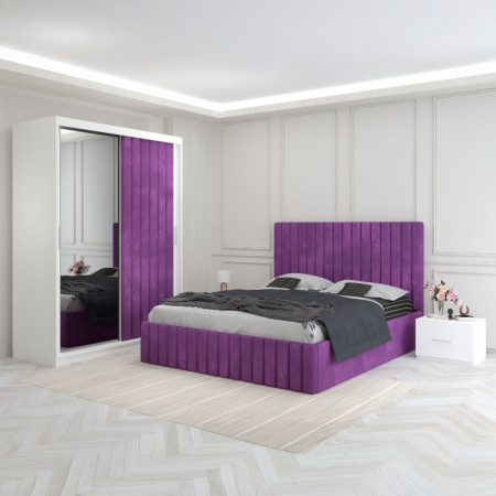 Mobila Dormitor - Set Mobila De Dormitor Luca Mov, pat tapitat 160x200cm,  dulap cu oglinda 150x210cm, noptiere