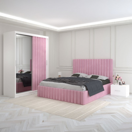 Mobila Dormitor - Set Mobila De Dormitor Luca Roz, pat tapitat 160x200cm,  dulap cu oglinda 150x210cm, noptiere