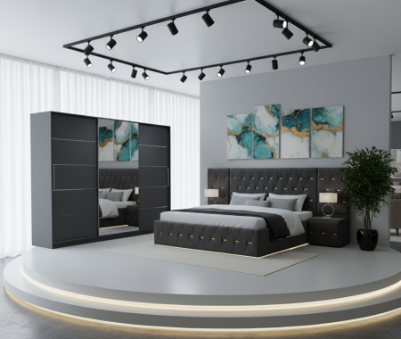 Mobila Dormitor - Set Mobila De Dormitor Eric Gri Cu Extensii, pat Eric cu extensii tapitat Gri 160x200cm, dulap gri 250cm, 2 noptiere tapitate si saltea 160x200cm