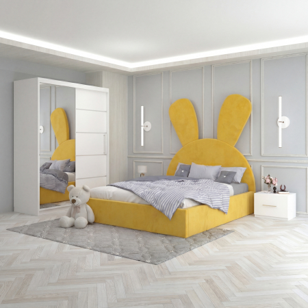 Mobila Dormitor - Set Mobila De Dormitor Micky Galben, pat tapitat 90x200cm, dulap 150cm, 2 noptiere si saltea 90x200cm