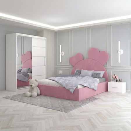 Mobila Dormitor - Set Mobila De Dormitor Love Roz, pat tapitat 90x200cm, dulap 150cm, 2 noptiere si saltea 90x200cm