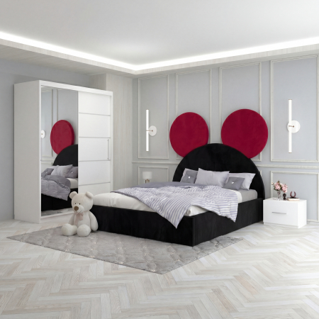 Mobila Dormitor - Set Mobila De Dormitor Micky Negru/Rosu, pat tapitat 90x200cm, dulap 150cm, 2 noptiere si saltea 90x200cm