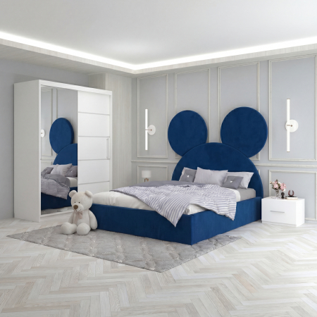 Mobila Dormitor - Set Mobila De Dormitor Micky2 Albastru, pat tapitat 90x200cm, dulap 150cm, 2 noptiere si saltea 90x200cm