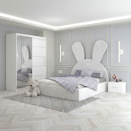 Mobila Dormitor - Set Mobila De Dormitor Micky Alb, pat tapitat 90x200cm, dulap 150cm, 2 noptiere si saltea 90x200cm