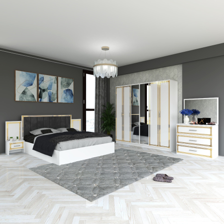 Mobila Dormitor - Set Mobila De Dormitor MOB01 Alb, pat 160x200cm, dulap, 2 noptiere, comoda cu oglinda si saltea 160x200cm
