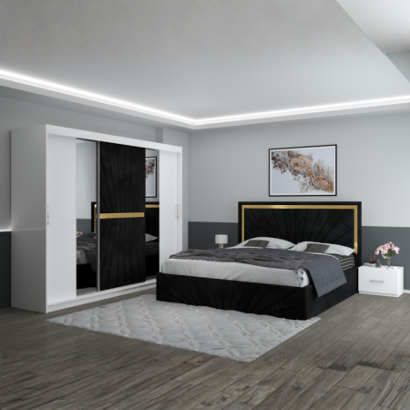 Mobila Dormitor - Set Mobila De Dormitor Nova Negru, pat tapitat 160x200cm, dulap 250cm, 2 noptiere si saltea 160x200cm