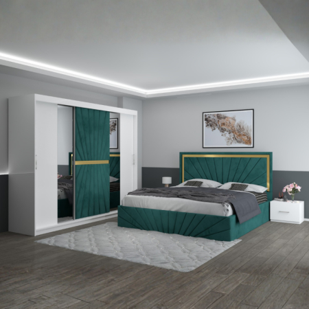 Mobila Dormitor - Set Mobila De Dormitor Nova Verde, pat tapitat 160x200cm, dulap 250cm, 2 noptiere si saltea 160x200cm